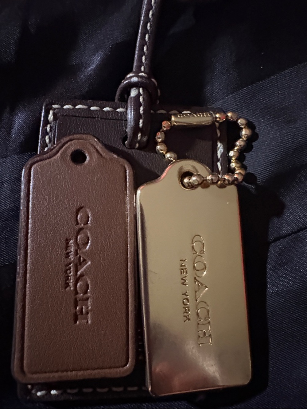 Coach Brown Leather Luggage Tag with Gold Metal Dog Tag